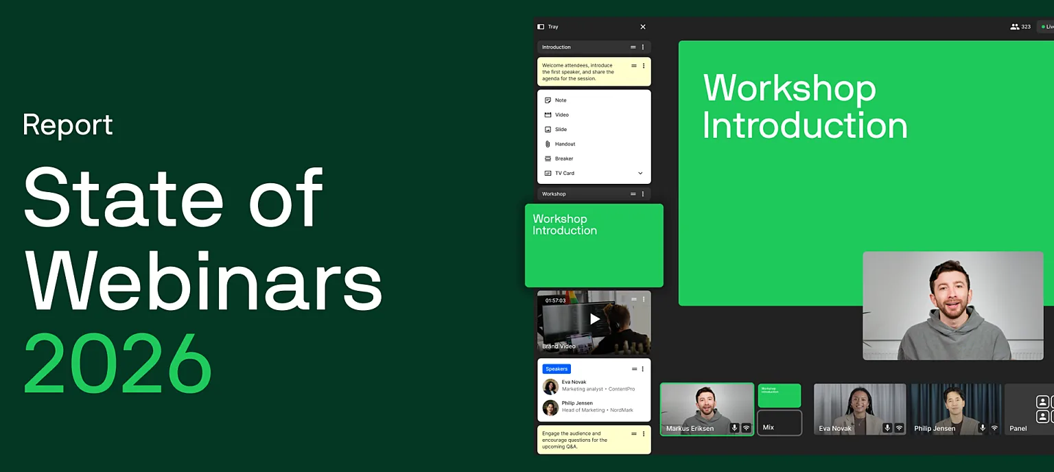 The State of Webinars 2026 report cover, showing a live webinar being produced in the TwentyThree webinar room