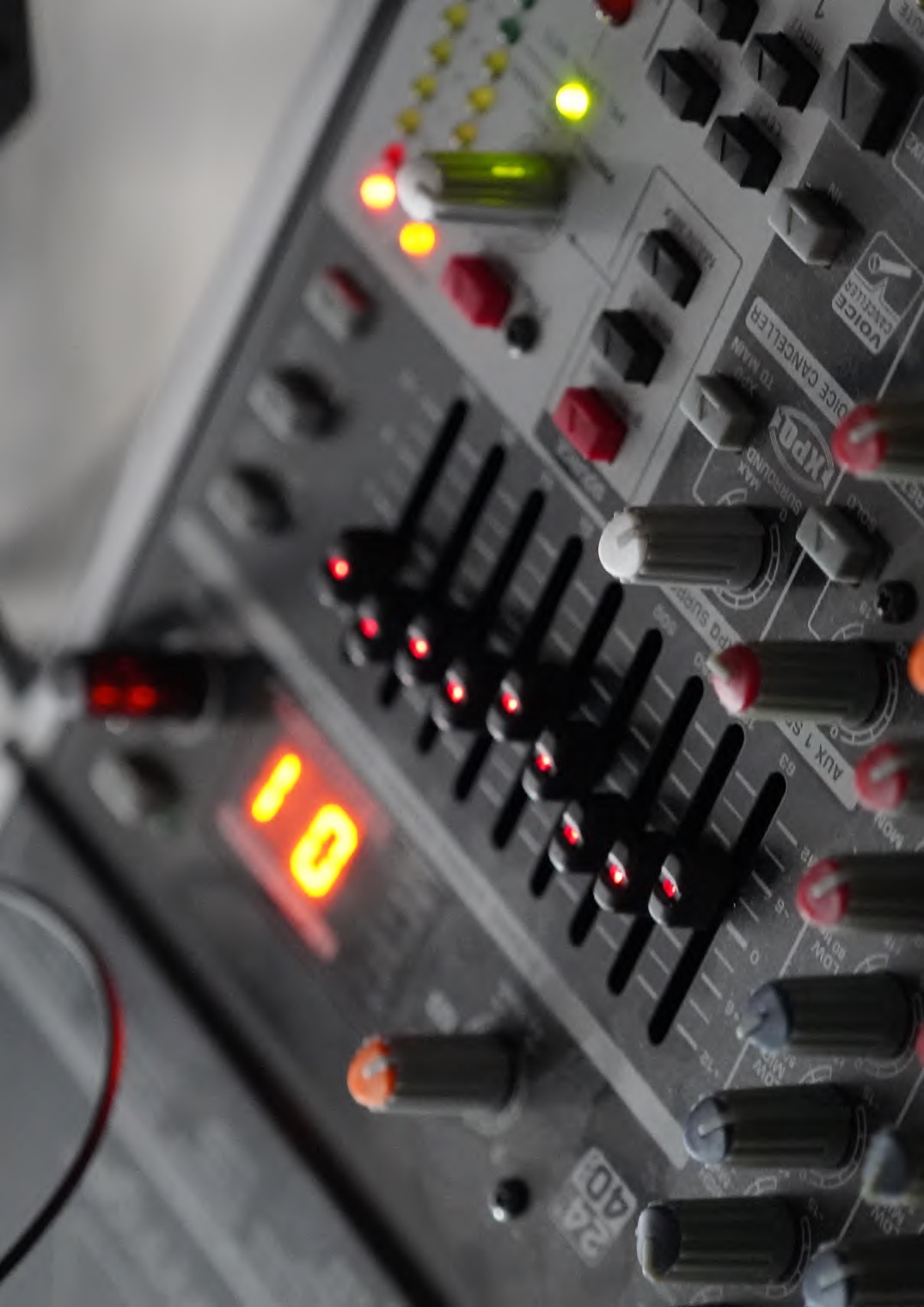 Close-up of an audio mixing desk